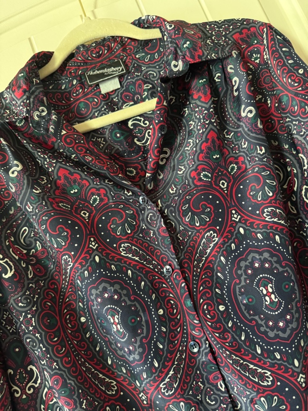 Vintage Haberdashery Paisley Button-Up Blouse in Navy with Red & Green Accents